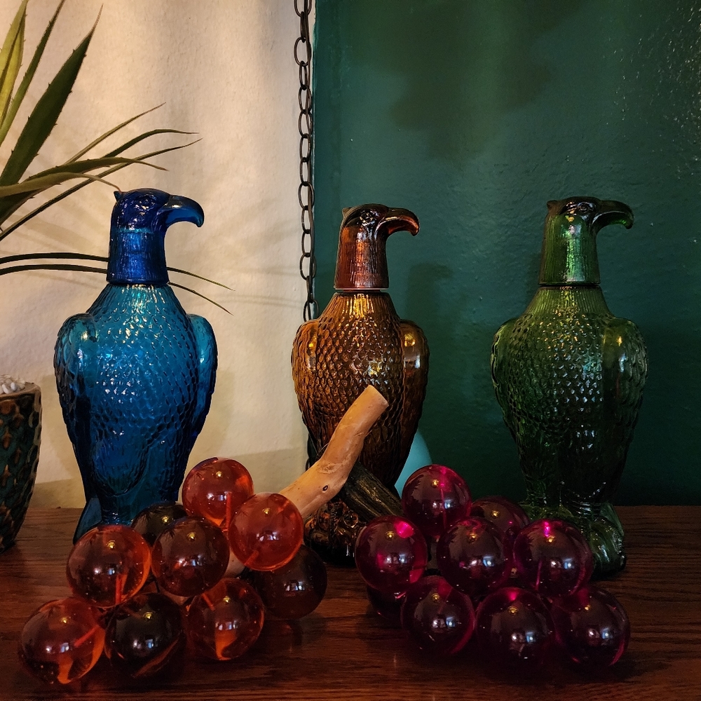 Vintage Glass Eagle Set, Decanter Shot Glass, MCM Barware